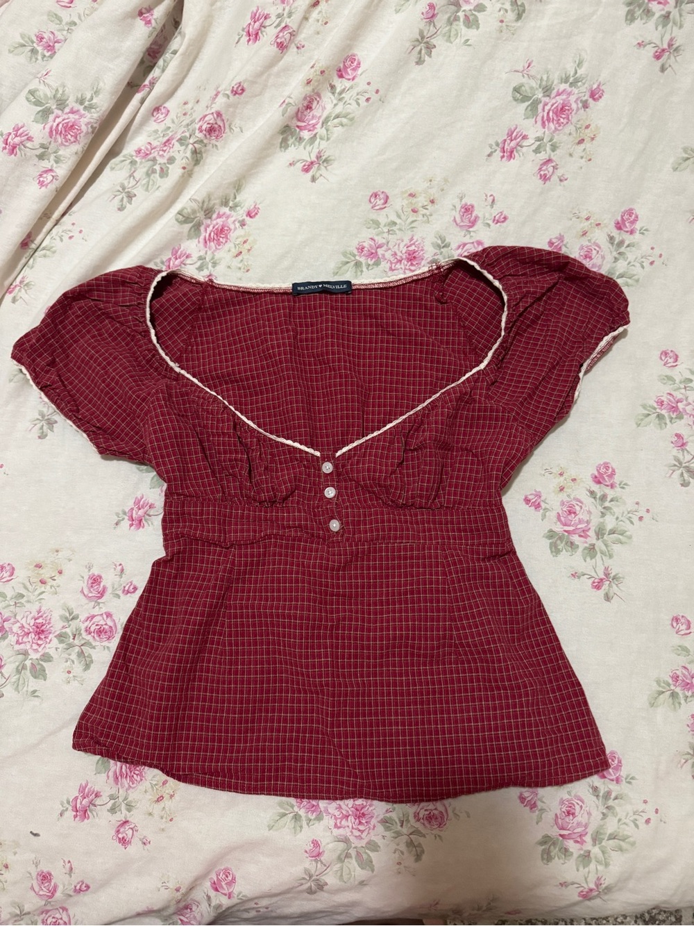 Brandy Melville Burgundy Checked Peplum Top with Contrast Trim